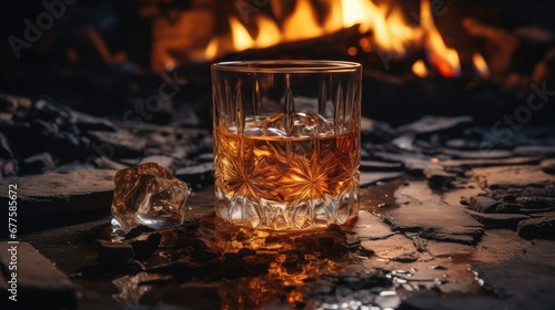 A smoldering fire with a glass of whisky in the foreground.
