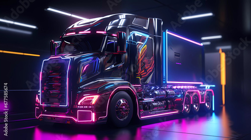 Futuristic Cyberpunk Truck Concept Illustration on Highway. Blurred background.