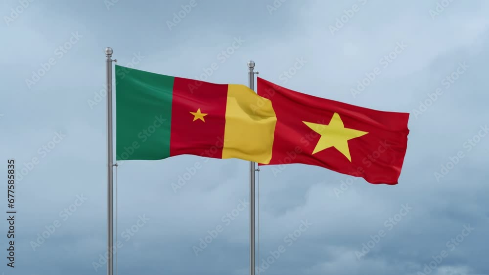 Vietnam and Cameroon flag waving together on cloudy sky, endless seamless loop Vietnam and Cameroon flag waving together on cloudy sky, endless seamless loop