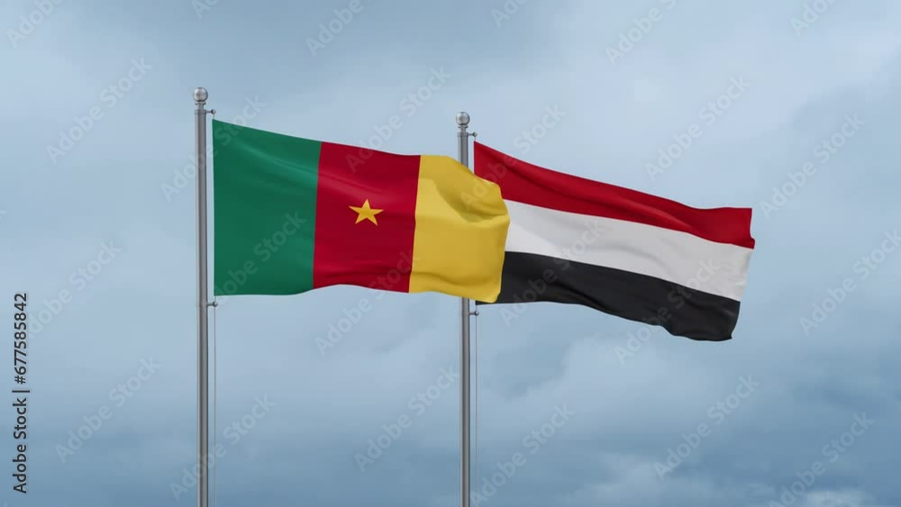 Yemen and Cameroon flag waving together on cloudy sky, endless seamless loop, two country cooperation concept Yemen and Cameroon flag waving together on cloudy sky, endless seamless loop, two country cooperation concept