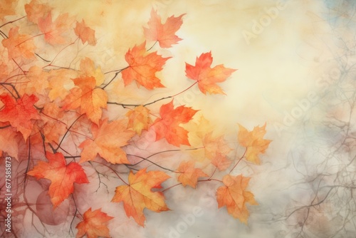 watercolor autumn background with orange seasonal leaves