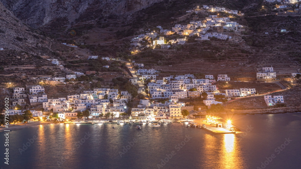 Amorgos island aerial day to night timelapse from above. Greece