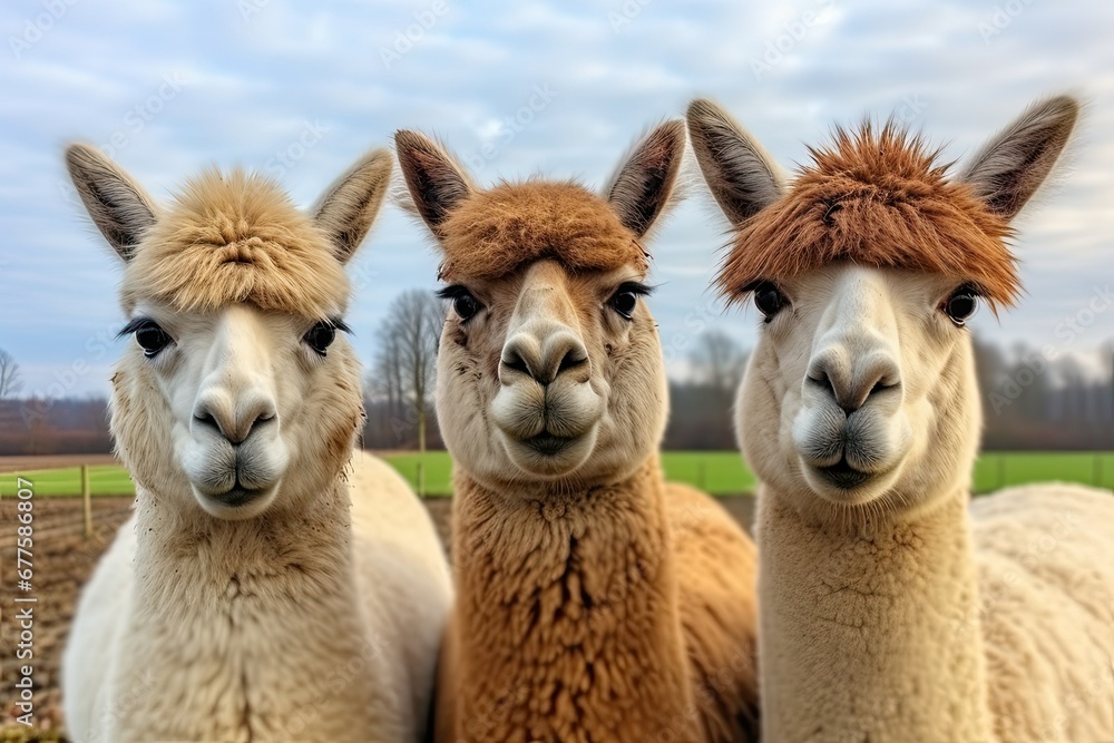 Three cheerful funny alpacas look at the camera, posing, on a farm. Three cheerful funny alpacas look at the camera, posing, on a farm.