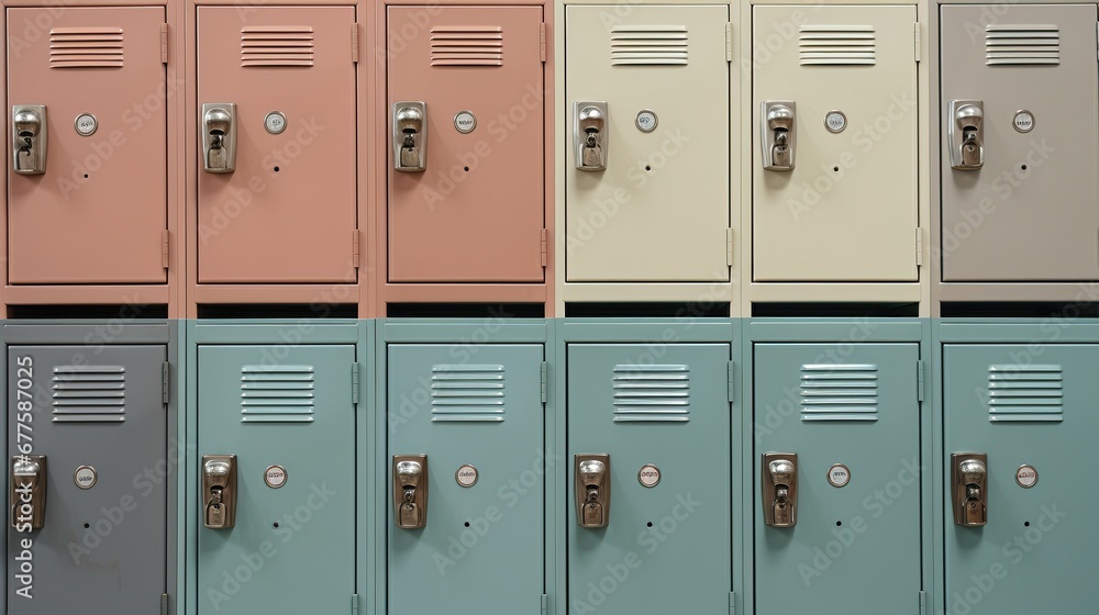 Generative AI, Row of high school lockers in the hallway, locker room.. Generative AI, Row of high school lockers in the hallway, locker room..