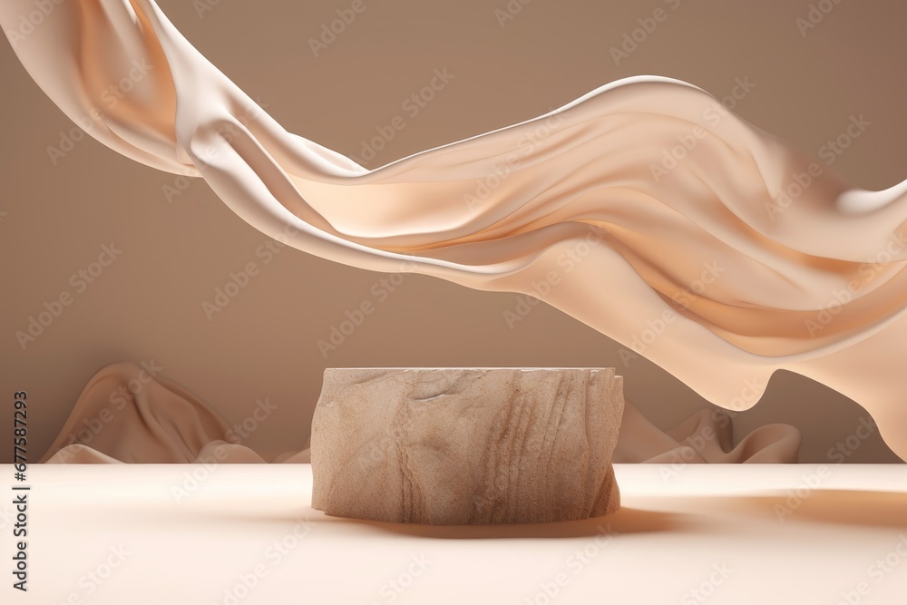3D display podium, beige background with white stone pedestal. Flying nude color silk cloth curtain in motion. Nature wind. Beauty cosmetic product presentation, rock stand. Luxury mockup,GenerativeAI - obrazy, fototapety, plakaty 