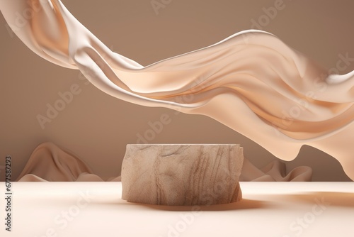 3D display podium, beige background with white stone pedestal. Flying nude color silk cloth curtain in motion. Nature wind. Beauty cosmetic product presentation, rock stand. Luxury mockup,GenerativeAI photo