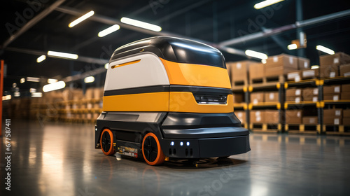 Automation robot work in warehouse, AGV (Automated guided vehicle) in modern warehouse logistic and transport.