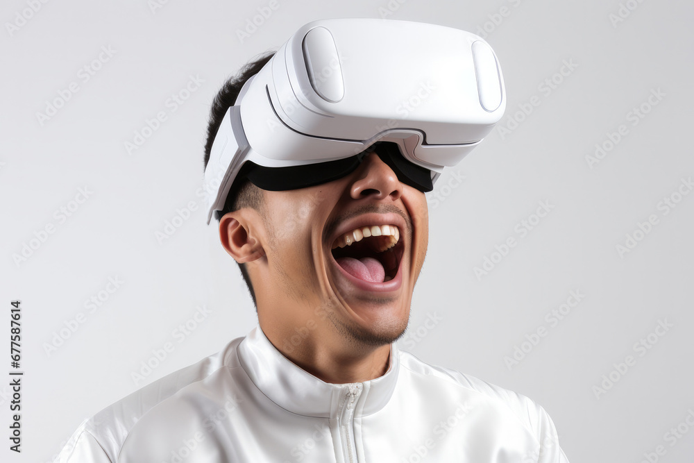 Young man wear virtual reality headset on white background, Surprise and exciting. Young man wear virtual reality headset on white background, Surprise and exciting.