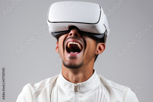 Young man wear virtual reality headset on white background, Surprise and exciting.