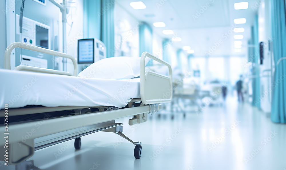 An empty hospital bed in the corridor of a modern hospital An empty hospital bed in the corridor of a modern hospital
