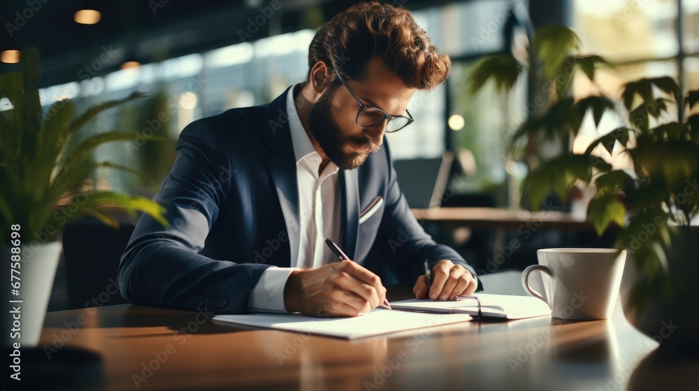 Businessman sitting at desk writing in notebook in modern office. Businessman sitting at desk writing in notebook in modern office.
