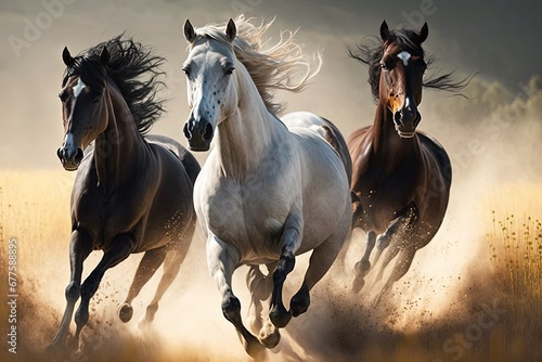 White and two brown horses. Generated by AI