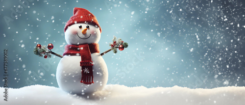 A happy snowman with a red hat and scarf, holding decorations © Dule