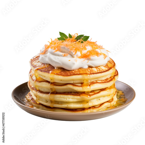 Delicious cream and carrot pancakes stack isolated on transparent background