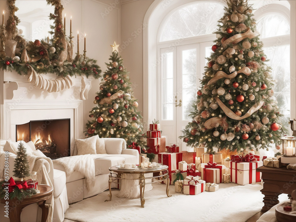 Christmas Scene. A warm illustration featuring gifts, a Christmas tree, a fireplace, and more, creating a festive and inviting ambiance, generated by AI