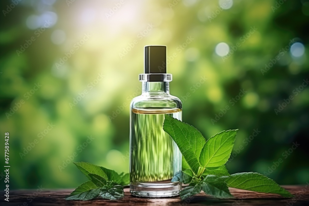 Glass cosmetic bottle in summer forest with leaves background Glass cosmetic bottle in summer forest with leaves background