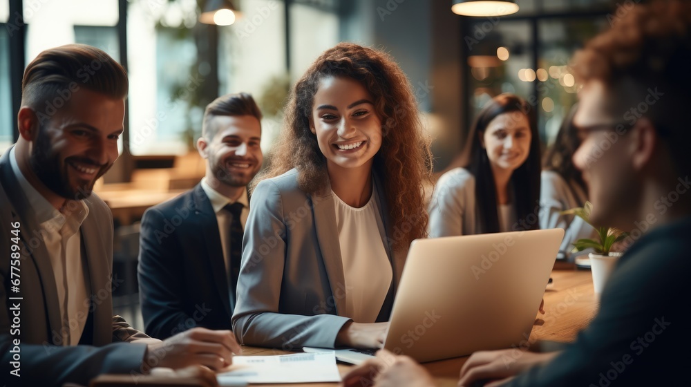 Smiling group of diverse business people going over paperwork together and working on a laptop at a table in an office. Smiling group of diverse business people going over paperwork together and working on a laptop at a table in an office.
