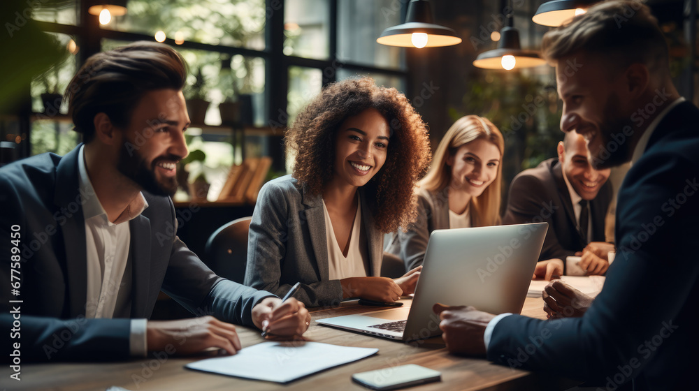 Smiling group of diverse business people going over paperwork together and working on a laptop at a table in an office. Smiling group of diverse business people going over paperwork together and working on a laptop at a table in an office.