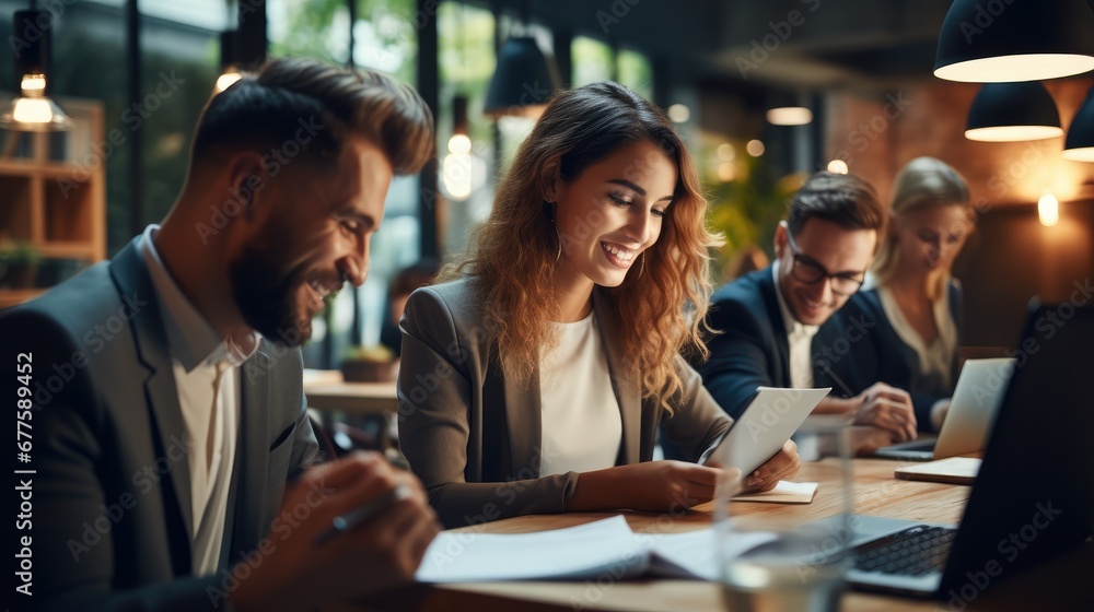 Smiling group of diverse business people going over paperwork together and working on a laptop at a table in an office. Smiling group of diverse business people going over paperwork together and working on a laptop at a table in an office.