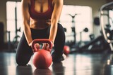 Close up kettlebells with woman exercise workout in gym fitness breaking relax after sport training with protein shake bottle background. Healthy lifestyle bodybuilding and muscles, Generative AI