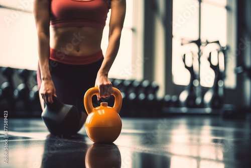 Close up kettlebells with woman exercise workout in gym fitness breaking relax after sport training with protein shake bottle background. Healthy lifestyle bodybuilding and muscles, Generative AI