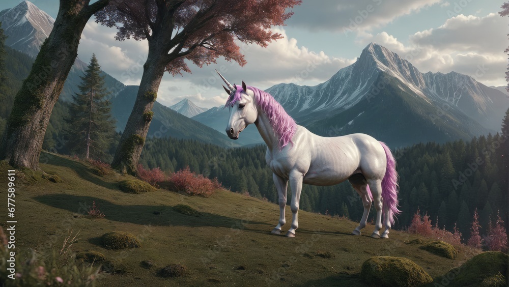 Unicorn in a forest with mountain background Unicorn in a forest with mountain background