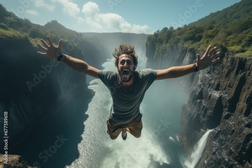 Man jumps into water at the cliff of waterfalls, Travel concept.
