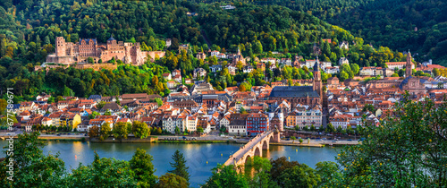 Landmarks and beautiful towns of Germany - medieval historc Heidelberg , panoraic view with Karl Theodor bridge and castle.