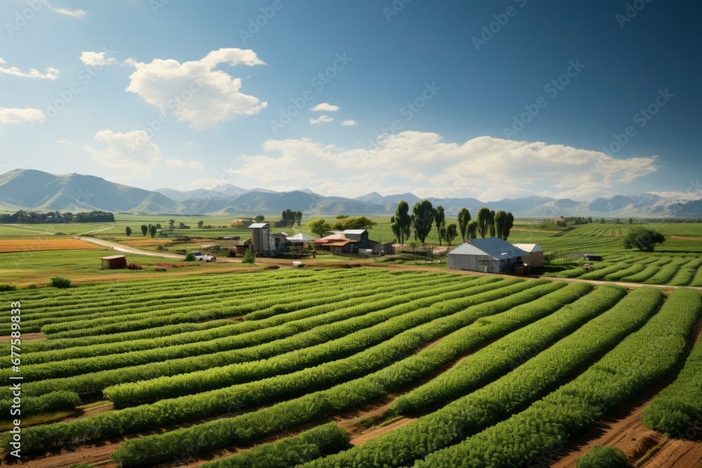 An aerial view of a sprawling farm and field with plants and other mint. An aerial view of a sprawling farm and field with plants and other mint.
