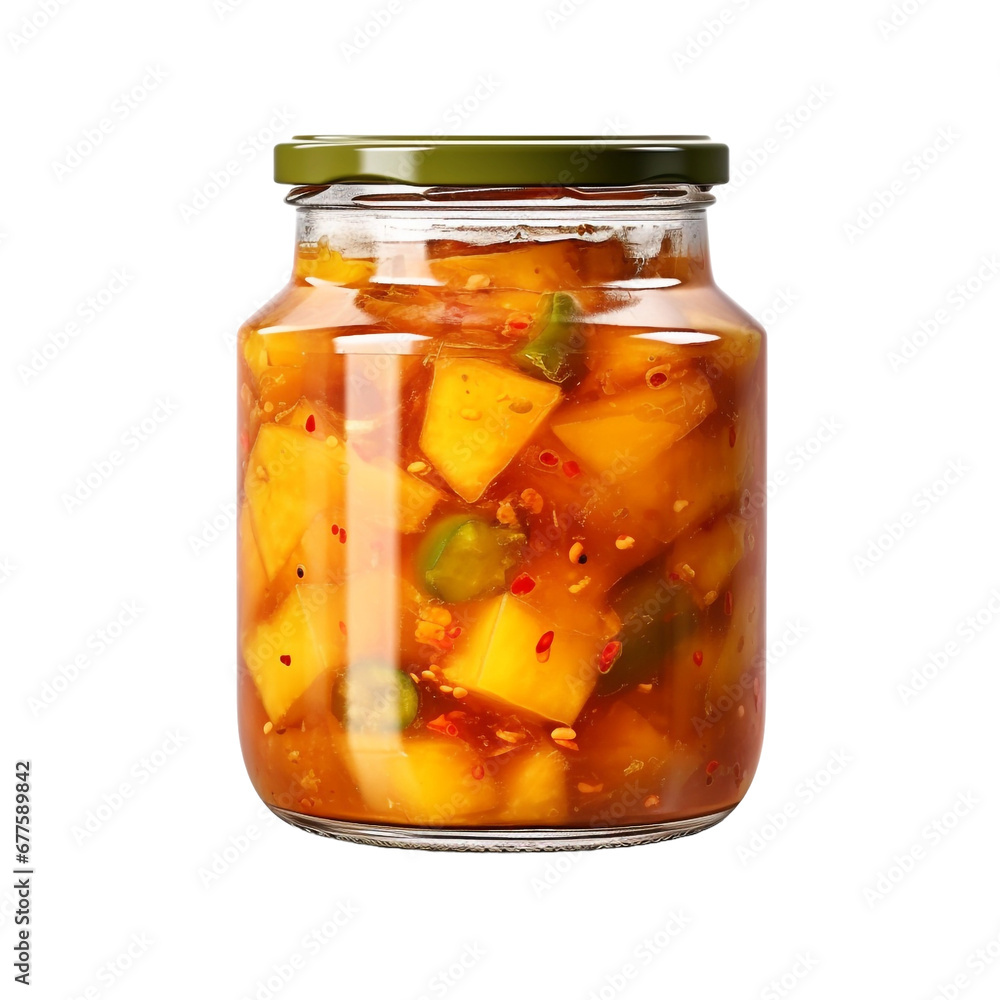 Delicious mango pickle in glass jar isolated on transparent background Delicious mango pickle in glass jar isolated on transparent background