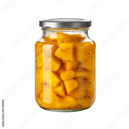 Delicious mango pickle in glass jar isolated on transparent background