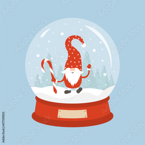 Glass snow globe with christmas gnome. New Year decorative ball with winter landscape. Holiday snowball with snowflakes isolated on blue background. Vector illustration in flat cartoon style.