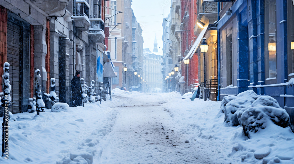 Fototapeta premium 冬の都市、雪の街の風景