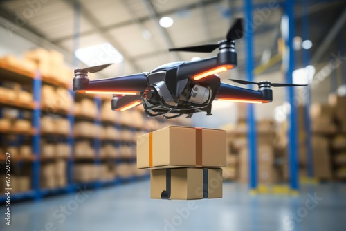 Spare part delivery drone at garage storage in leading automotive car service center for delivering mechanical shipping component part assembling to customer. Modern innovative technology,GenerativeAI photo