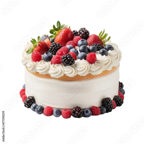 Delicious vanilla cake decorated with berries isolated on transparent background