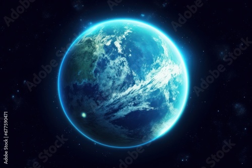 Blue earth in space and galaxy. Globe with outer glow ozone and white cloud. Space planet and Atmosphere concept. Alien and Living nature theme. Elements of this image furnished by  Generative AI