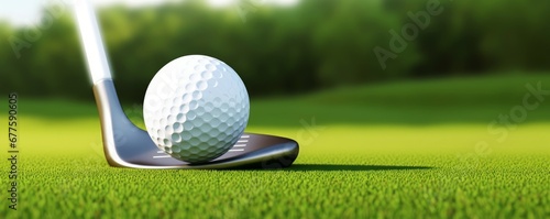Golf ball and golf club with fairway green background. Sport and athletic concept. 3D illustration rendering, Generative AI