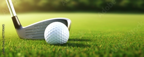 Golf ball and golf club with fairway green background. Sport and athletic concept. 3D illustration rendering, Generative AI photo