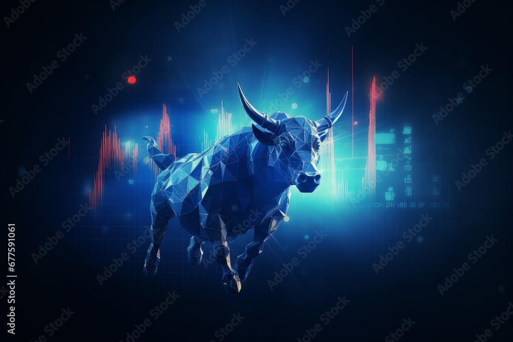 Bullish and bearish stock market blue abstract background. Increasing and decreasing of currency value theme. Business trading financial and startup investment concept. AI - obrazy, fototapety, plakaty 
