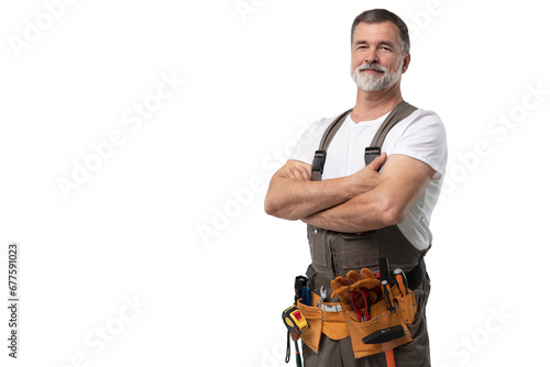 portrait of mature happy handyman isolated on transparent background