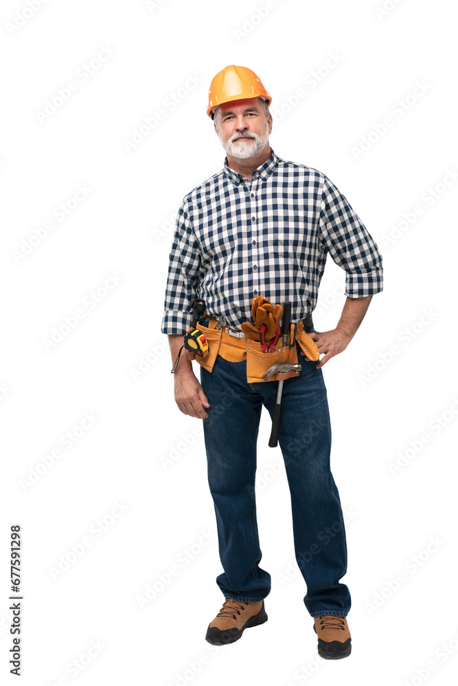 portrait of mature happy handyman isolated on transparent background