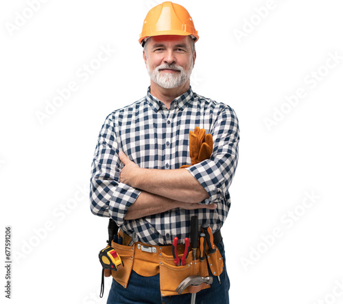 portrait of mature happy handyman isolated on transparent background
