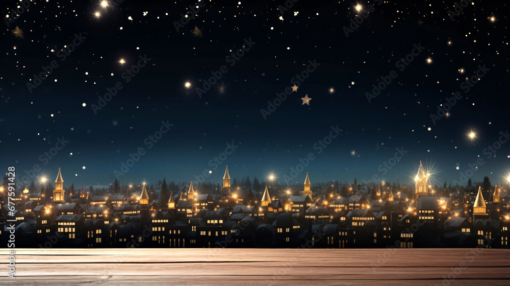 夜の星空と街明かり、余白・コピースペースのある背景