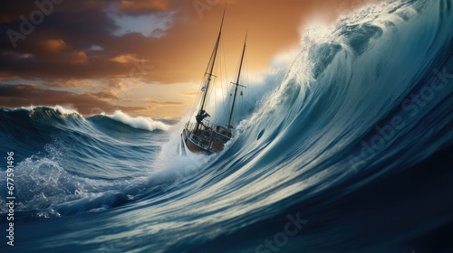 Yacht riding the giant wave of the sea, Braving the storm at sea. photo