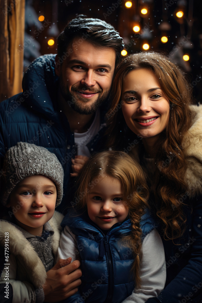 Portrait of a happy family on Christmas or New Year's Eve against the backdrop of a beautiful snowy street. Happy New Year and Merry Christmas!