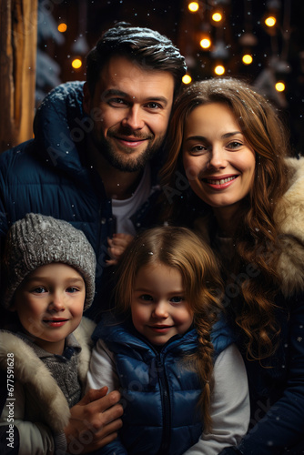 Portrait of a happy family on Christmas or New Year's Eve against the backdrop of a beautiful snowy street. Happy New Year and Merry Christmas!