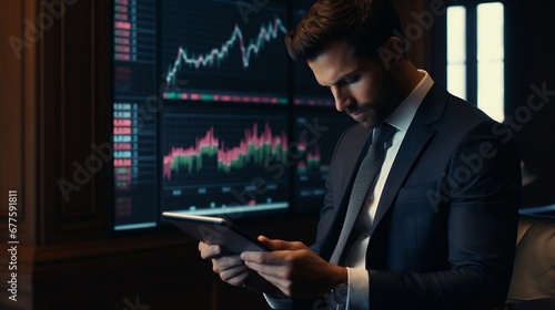 Focused businessman trading shares on digital device