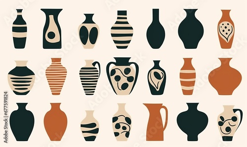 Ancient pottery set. Ceramic vase jar amphora silhouettes abstract shapes, hand drawn isolated icons. illustration, Generative AI