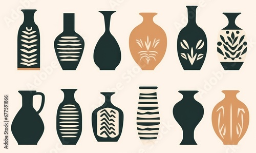 Ancient pottery set. Ceramic vase jar amphora silhouettes abstract shapes, hand drawn isolated icons.  illustration, Generative AI photo