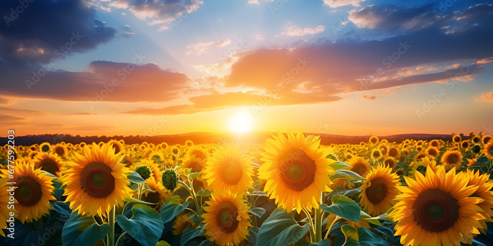 Sunflower field in full bloom with golden sunflowers stretching as far as the eye can see A sunflower is in a field at sunset with clouds on sky background Ai Generative